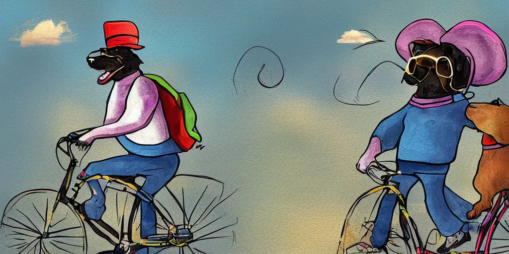 Prompt: a dog in a hat and sunglasses riding a bike, digital ART