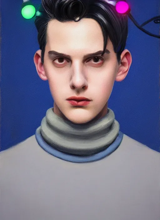 Image similar to portrait of teenage jughead jones wearing a light grey crown, crown, blue turtleneck, 1 9 5 0 s, closed eyes, photorealistic, black hair, glowing lighting, intricate, elegant, glowing lights, highly detailed, digital painting, artstation, concept art, smooth, sharp focus, illustration, art by wlop, mars ravelo and greg rutkowski