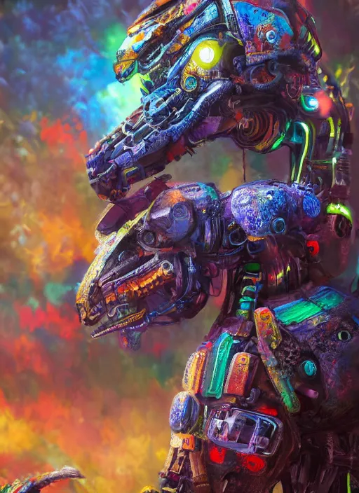 Image similar to detailed full body concept art illustration colorful oil painting of a robotic animal in full intricate colorful clothing, ultra detailed, digital art, octane render, dystopian, zero dawn, 4k