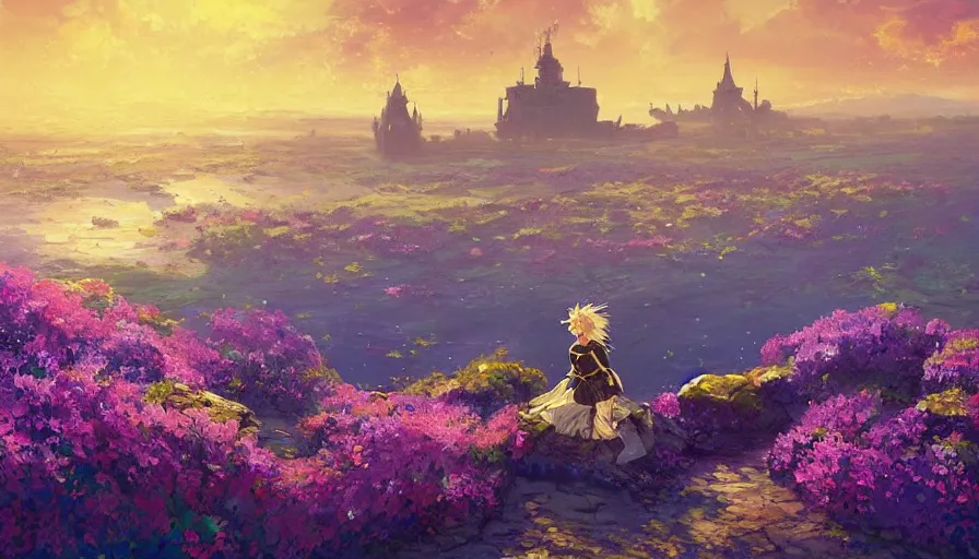 Prompt: over the shoulder landscape painting of violet evergarden standing on a distant colorful flower hill, behind it a distant old european city leiden from violet evergarden next to the reflecting ocean, ocean, sunshine, fantasy, intricate, elegant, highly detailed, digital painting, artstation, smooth, sharp focus, illustration, by Anton Fadeev and Philipp A. Urlich and greg rutkowski