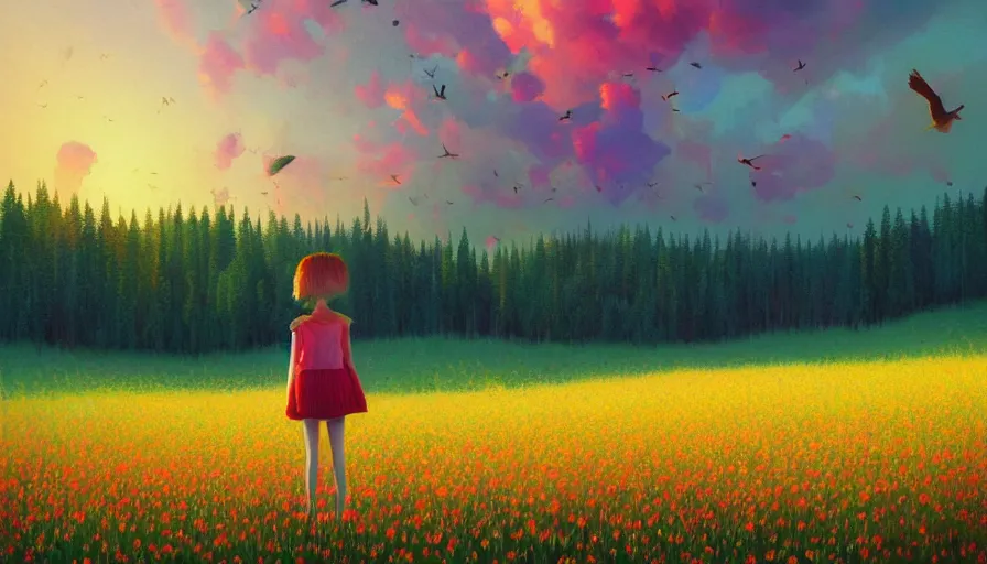 Image similar to girl with a flower face, surreal photography, dream, standing in flower field, hills, big trees, sunrise dramatic light, impressionist painting, colorful clouds and birds in sky, digital painting, pointillism, artstation, simon stalenhag