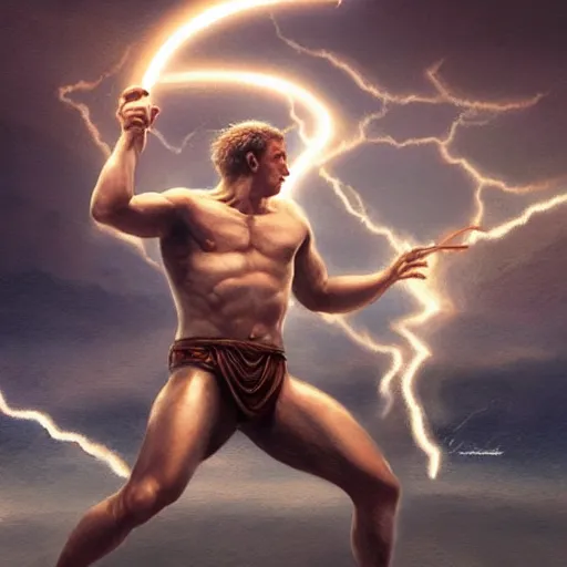 Image similar to benjamin netanyahu as a greek god shooting lightning bolts with his hands, highly detailed, by artgerm and greg rutkowski