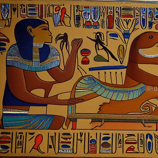 Prompt: Egyptian mural depicting otters baking bread