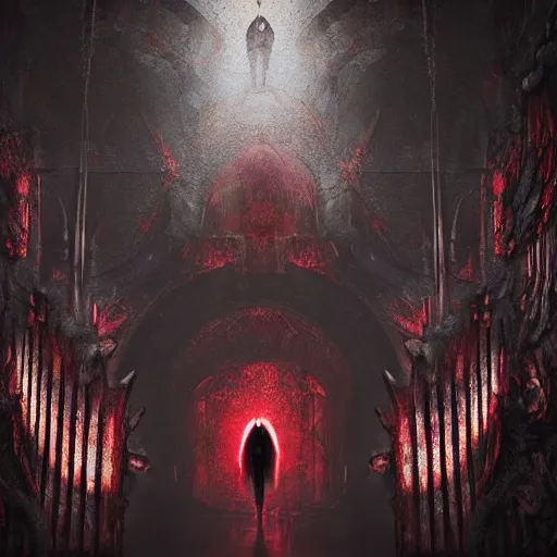 Image similar to hyper realistic photography of an archangel in front of hell's gate. complex architecture, blood drops on the walls. dark background. high details, trending on artstation