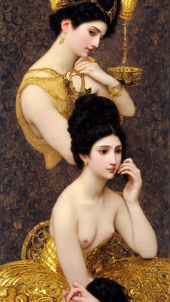 Image similar to painting portrait of a beautiful black haired woman with pale skin and a crown on her head sitted on an intricate metal throne, intricate, elegant, digital painting, smooth, sharp focus, shiny gold, realistic gold, realistic metal, by william - adolphe bouguereau and gustav klimt,