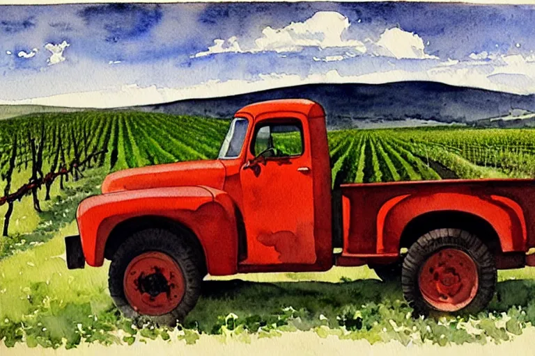 Image similar to watercolor painting of bbc a vintage red truck in a vineyard by winslow homer