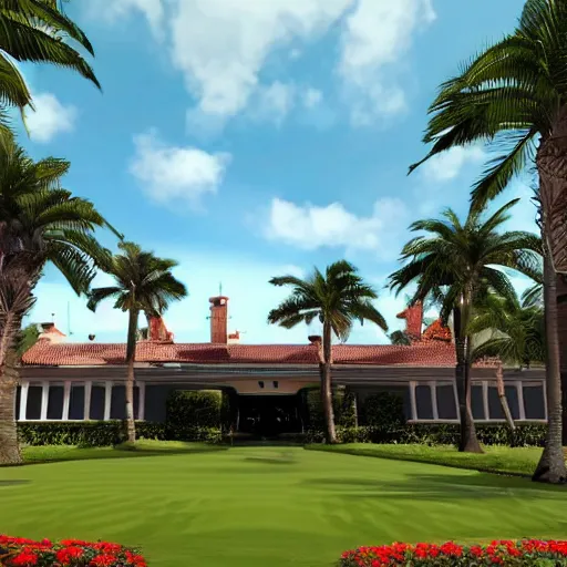 Prompt: nuclear secrets hidden in a fortified golf mansion in florida as a hitman video game mission, next gen screenshot, president trump is looking into the camera