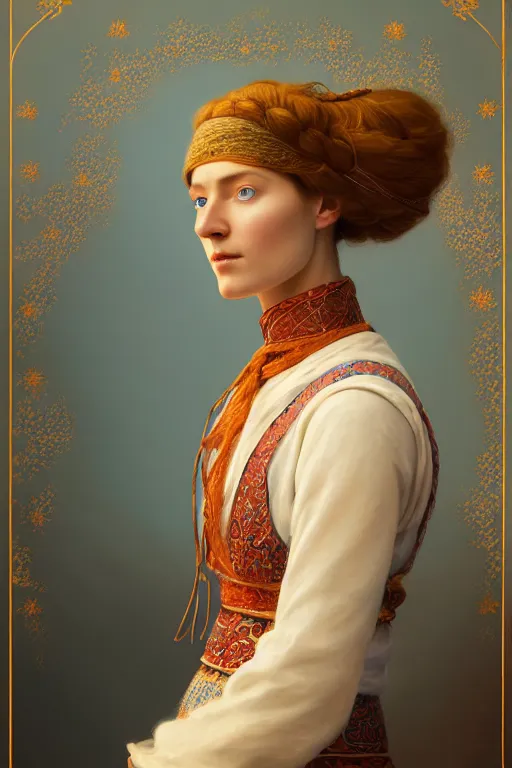 Prompt: portrait of a beautiful nordic woman, blue eyes, wearing a turkish traditional dress in istanbul on 1 9 0 0 s, extremely detailed digital painting, in the style of fenghua zhong and ruan jia and jeremy lipking and peter mohrbacher, mystical colors, rim light, beautiful lighting, 8 k, stunning scene, raytracing, octane, trending on artstation