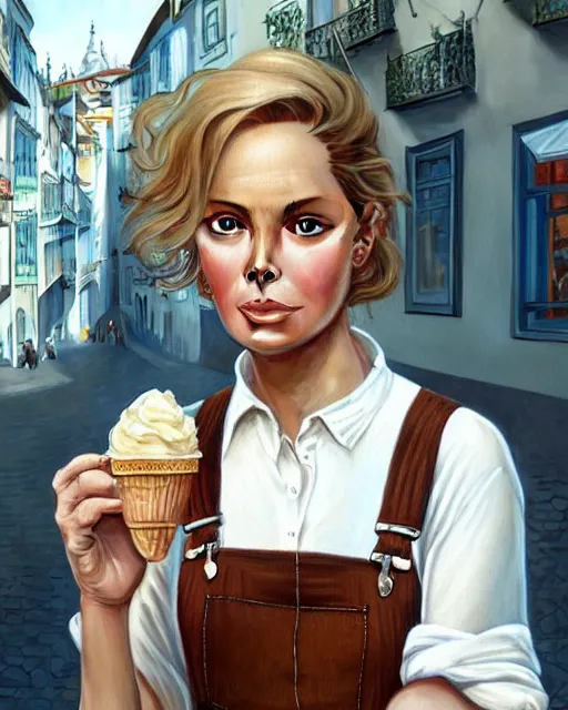 Image similar to portrait of a blonde fuller figured barbara bach from the bond film wearing dungarees and eating ice creams in porto, real life skin, intricate, elegant, highly detailed, artstation, concept art, smooth, sharp focus, art by artgerm and greg rutkowski and alphonse mucha