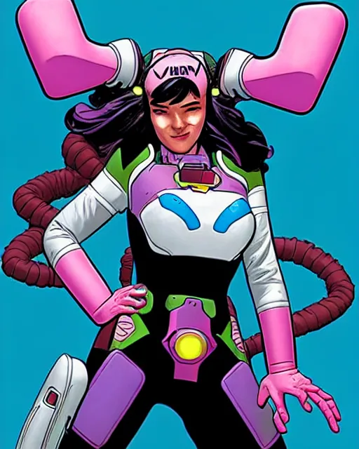 Prompt: d. va from overwatch, comic book cover, in the style of richard corben, ryan ottley, dave gibbons, todd mcfarlane, bernie wrightson