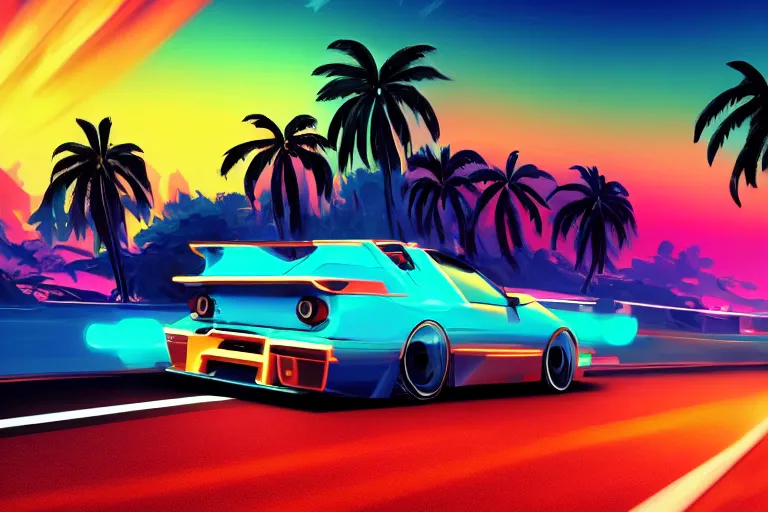 Prompt: render of a nissan driving along the coast highway, synthwave, outrun, 8 0 s, stylistic, neon, palms, 8 k wallpaper, digital art, trending on artstation