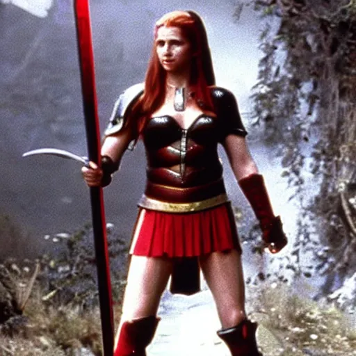 Prompt: an amazon with a sword and red armour, 1 9 8 9 movie still