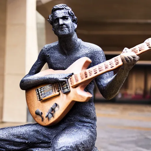 Image similar to Photo of man with a electric guitar statue, 8k, realistic