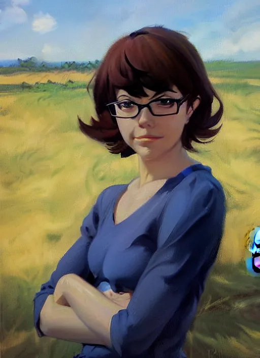 Image similar to Greg Manchess painting of grown-up Velma Dinkley, winged eyelashes, countryside, calm, fantasy character portrait, dark outlines, dynamic pose, above view, sunny day, artwork by Makoto Shinkai, very coherent asymmetrical artwork, sharp edges, perfect face, simple form, 100mm