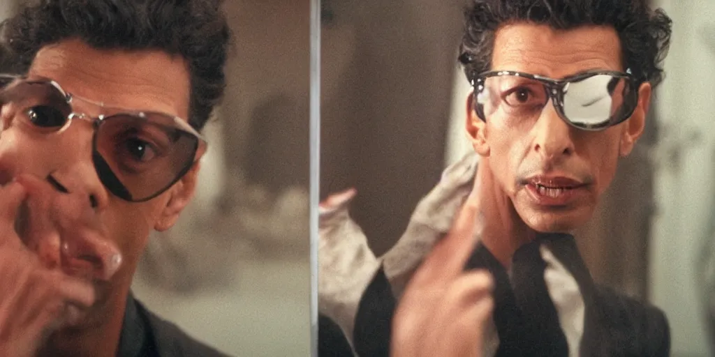 Prompt: ultra wide angle photo of jeff goldblum dressed as seth brundle is looking at himself in a bathroom mirror and seeing his reflection as the fly, a mutated insect version of jeff goldblum