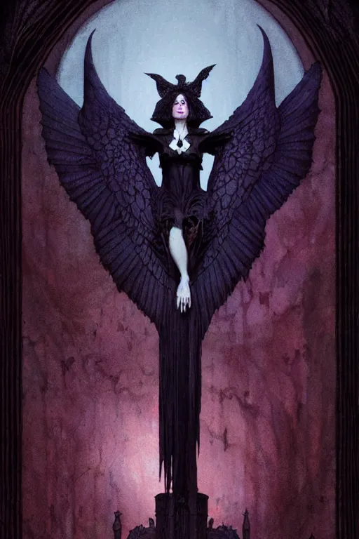 Image similar to raven perched on a statue of beautiful woman in a dark gothic room, full frame, by wayne barlowe, peter mohrbacher, kelly mckernan, james o barr