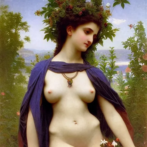 Image similar to earth goddess in beautiful dress with strong plant motive, william - adolphe bouguereau