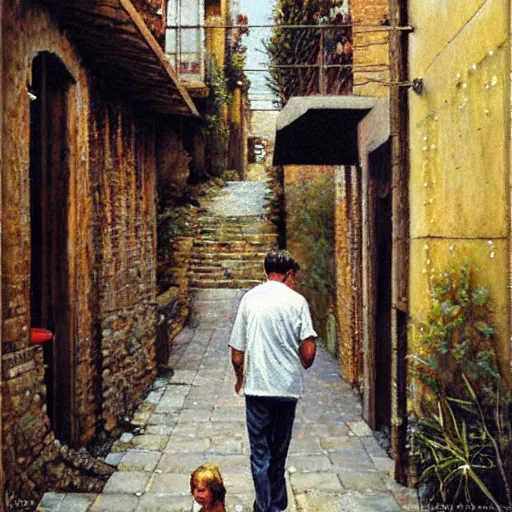 Image similar to a beautiful painting of a man strolling down an alley by Steve Hanks