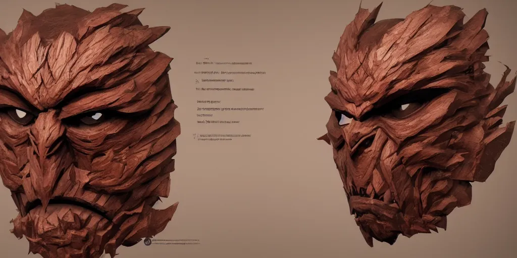 Prompt: evil wooden mask design, character sheet, 3d render, Greg Rutkowski, Zabrocki, Karlkka, Jayison Devadas, Phuoc Quan, trending on Artstation, 8K, ultra wide angle, zenith view, pincushion lens effect