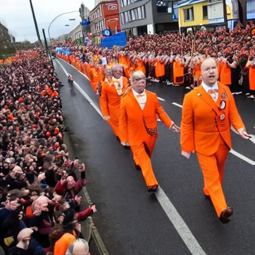 Prompt: orange order marching into mordor with mr tayto leading the march, high - quality photo