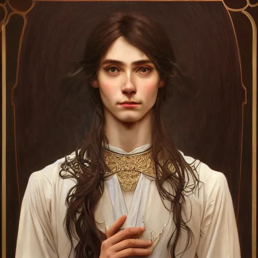 Prompt: god, non-binary, long hair, georgeus, intricate, elegant, ethereal, artstation, highly detailed, sharp focus, smooth, by artgerm and greg rutkowski and alphonse mucha