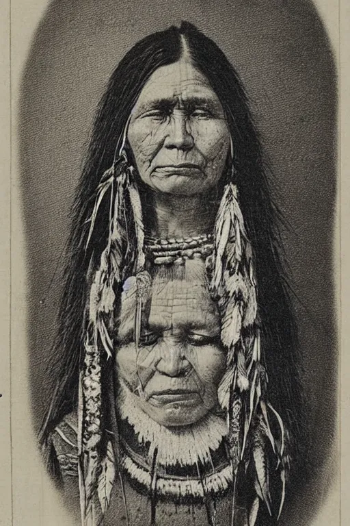 Image similar to “19th century wood engraving of a Native American indian, squaw, portrait, Nanye-hi (Nancy Ward): Beloved Woman of the Cherokee, pain and sadness on his face, drawn with charcoal pencil, ancient”