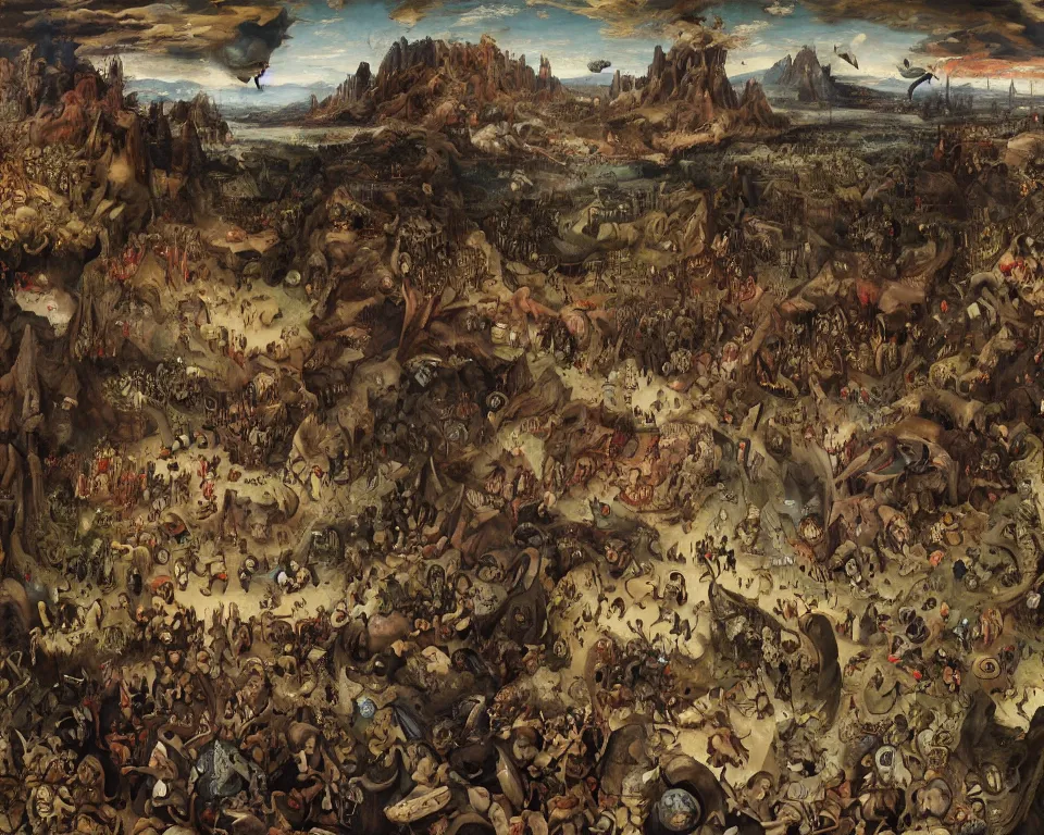 Image similar to doom eternal by jakub rozalski, garden of eternal delights hell by hieronymus bosh, triumph of death by pieter brueghel, doom eternal by hieronymus bosh, sharp focus panorama