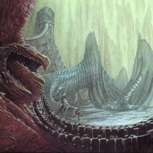 Image similar to artwork by john howe of the ruthless cavern leviathan