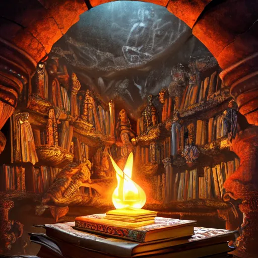 Image similar to epic view of an ancient dark byzantine cave interior, ornate oil lamp on a pile of crystals, books covered in jewels, ornate, surrounded by strange statues and treasure, full of sand and glitter, hyper real, Indiana Jones, Tomb Raider, trending on artstation, concept art, cinematic, jewels, hyperrealistic