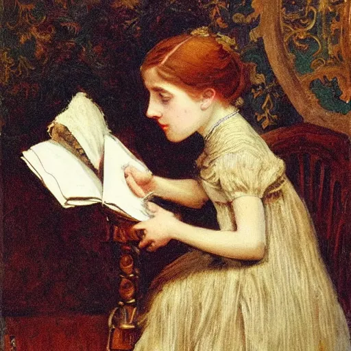 Image similar to scared young victorian lady reading a horror book with an occult symbol on the cover, painted by alfred stevens