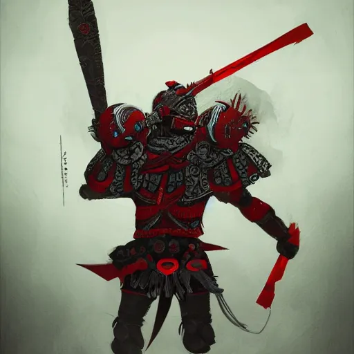 Image similar to otomi warrior in a ornated armor preparing for war, full body, dynamic pose, red and obsidian neon, concept art, intricate details, highly professionally detailed, cgsociety, highly detailed -