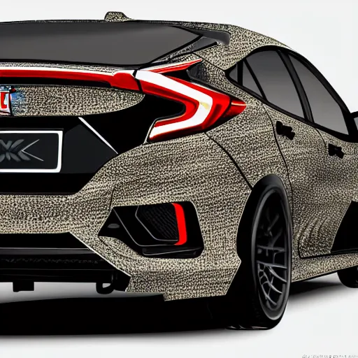 Prompt: incredible japanese wood print of a of a honda civic, black, mk 1 0 license plate, stealth, night mode, spoiler, lights, custom exhaust, wing mirrors, carbon fibre, valance splitter, sports, wheel spacers, japanese, power, sleek, electric, petrol, high detail, 8 k resolution