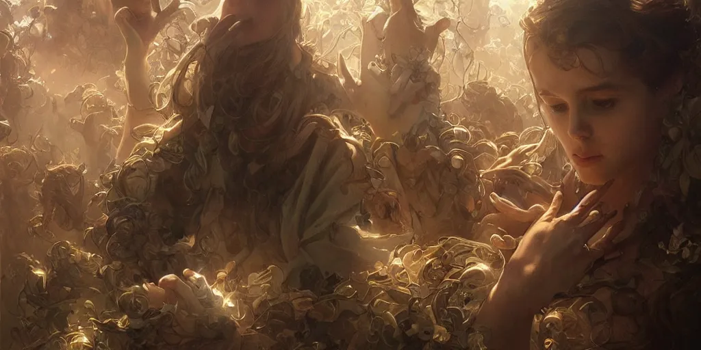 Image similar to too many hands, gnarled, so many hands, fingers, weird amount of hands, intense lighting, light beams, lens flare, intricate, elegant, highly detailed, digital painting, artstation, concept art, smooth, sharp focus, illustration, art by artgerm and greg rutkowski and alphonse mucha