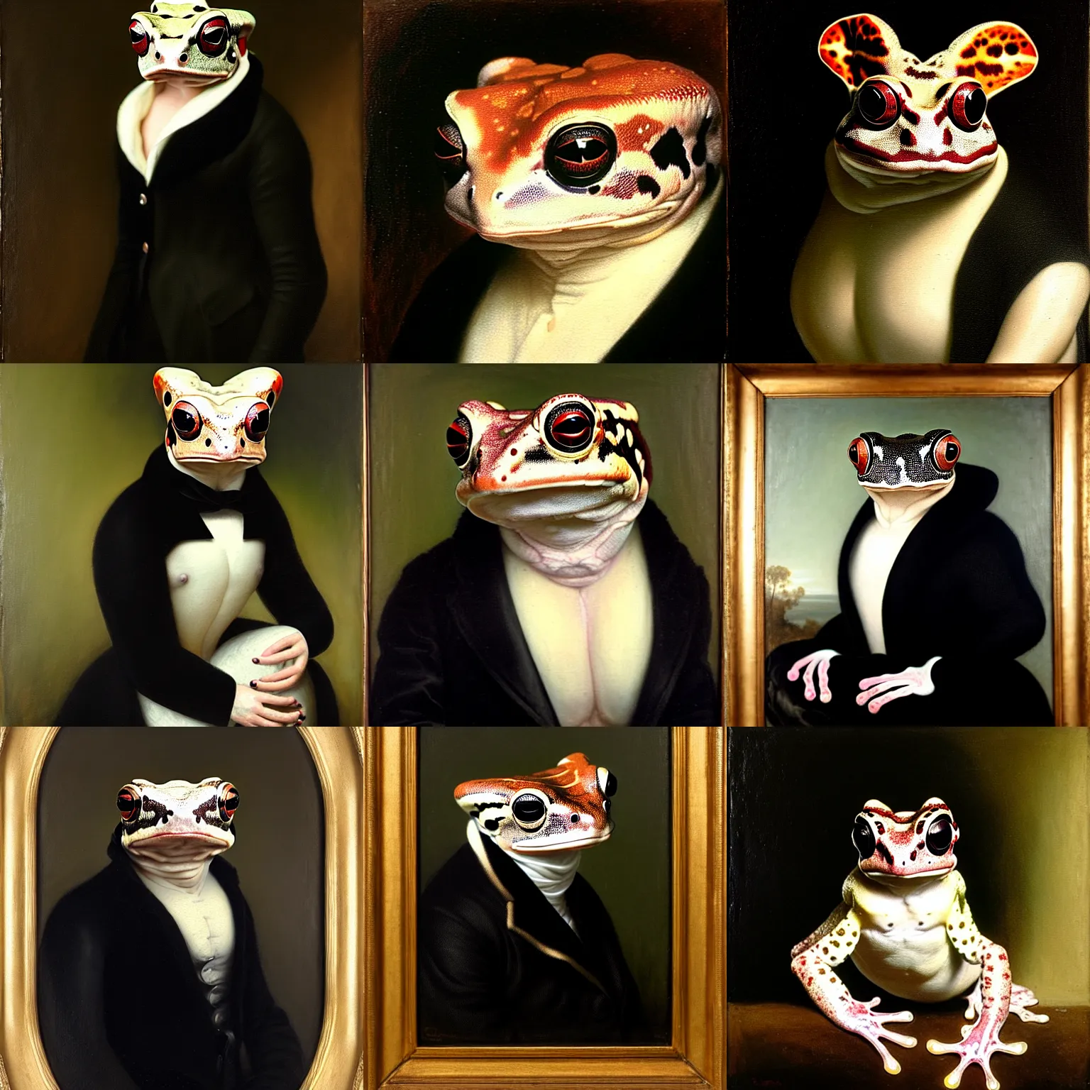 Prompt: a head - and - shoulders portrait of an amazon milk frog wearing a black coat with a white vest, an american romanticism painting, oil on canvas, cgsociety, soft focus