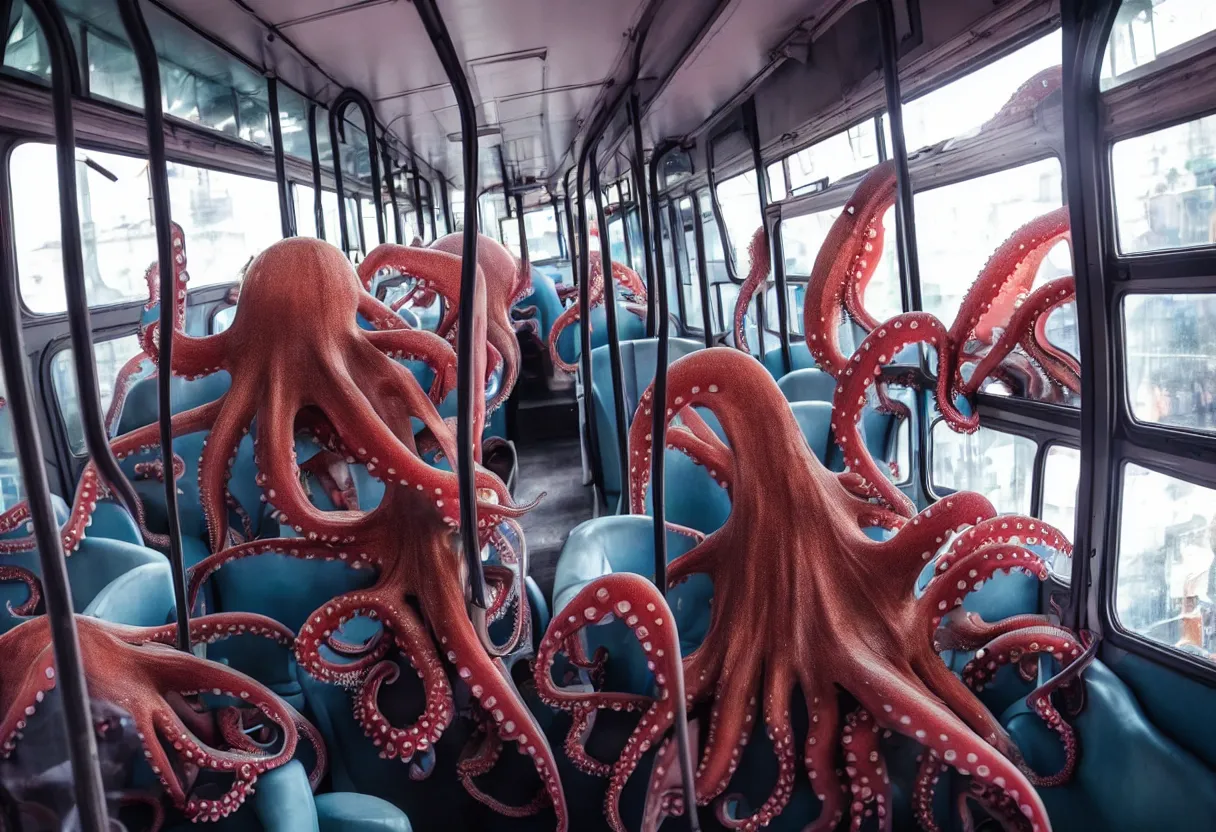 Image similar to a wide photo of a interior of a crowded bus with a huge octopus trying to get in, octopus beak can be seen, arms creeping in thrugh the windows, people are scared and screaming while trying to free through the windows and doors,