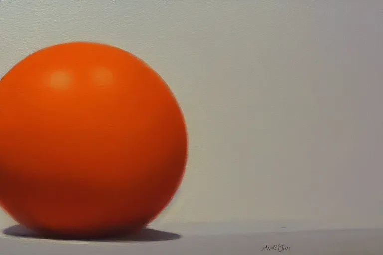 Image similar to An oil painting of an orange sphere on top of a blue cube sitting on a white table, dramatic lighting, hyper-realistic, extremely high detail, artstation