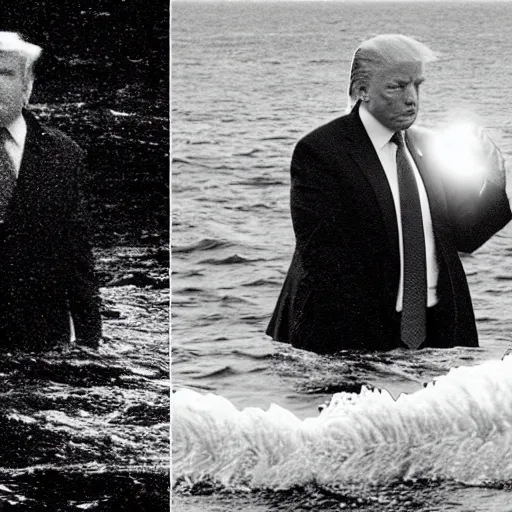 Image similar to dark footage of donald trump walking around the bottom of the ocean