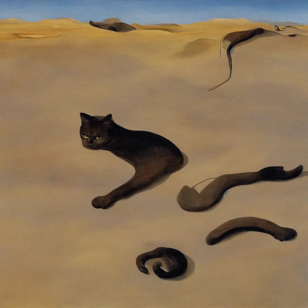 Prompt: an untradetailed oil painting of a melting cat lying on flowing desert, landscape with dunes and oasis far away, by salvador dali