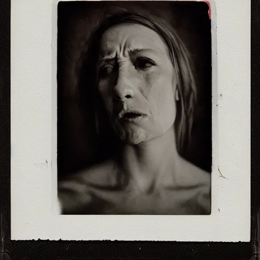 Prompt: portrait of woman. photo, agonizing pain. polaroid type 6 0 0. horror.