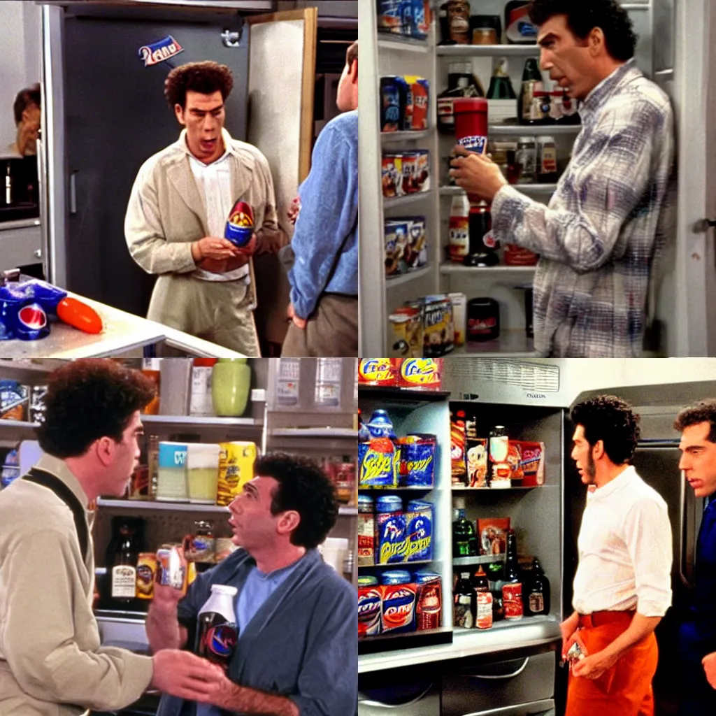 Prompt: kramer raiding seinfeld's fridge as george costana drinks a pepsi, realistic, ultra - detailed, movie still