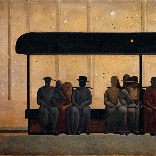 Prompt: a some people waiting in a lone bus stop in quiet dark city night Painting by Piero della Francesca, Morandi, Yves Tanguy, high quality, high resolution,detailed