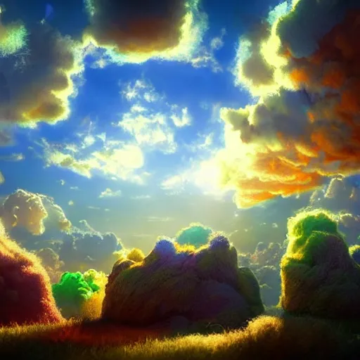 Prompt: puffy clouds, drew struzan style, vfx art, unreal engine render, claymation style, colourful, volumetric light, digital painting, digital illustration, dramatic light,