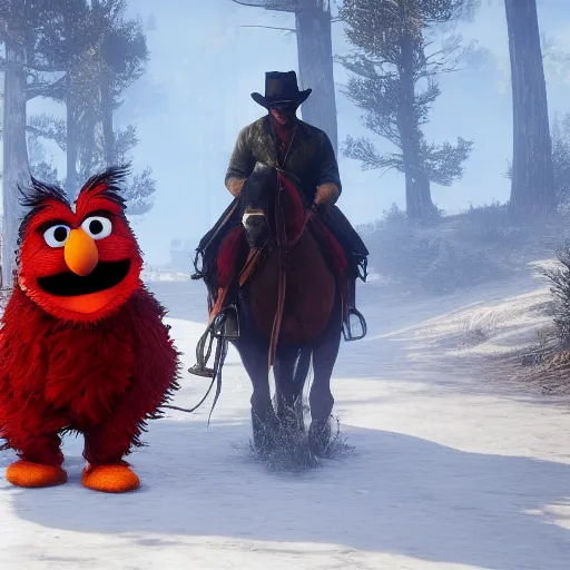 Image similar to Film still of Elmo, from Red Dead Redemption 2 (2018 video game)