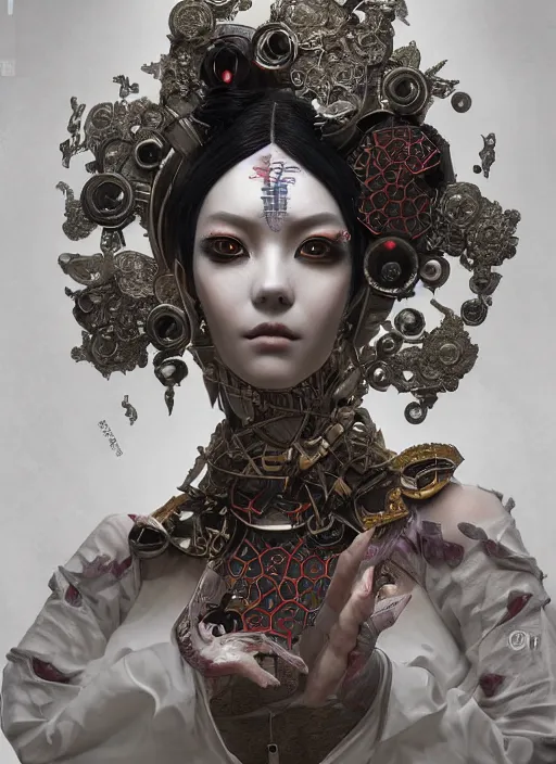 Image similar to portrait of a seductive cyberpunk geisha cyborg with headpiece, imari, sacred geometry, fractal, in the style of ghosts in the shell, intricate ornaments, elegant, highly detailed, digital photography, subsurface scattering, by jheronimus bosch and greg rutkowski,