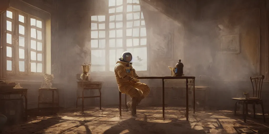 Image similar to a cosmonaut in a spacesuit drinks a steaming cup of tea alone at an old wooden desk in a richly decorated keral house. the autumn light comes in through a window and dimly illuminates the room, diffuse light, octane render, 4k, matte painting