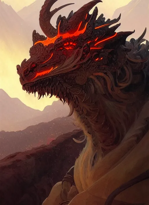 Image similar to ''face portrait furry handsome dragon, volcano landscape, fantasy, d & d, sharp focus, detailed, digital painting, art by greg rutkowski and alphonse mucha''