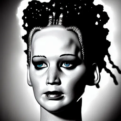 Prompt: close up detail of the face of jennifer lawrence as the bride of frankenstein, relistic,