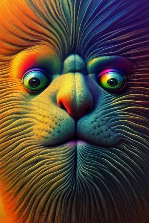 Prompt: hyperrealistic close-up baroque psychedelic!! god happy fluffy kind creature!! peaceful kind spirit of nature highly detailed concept art eric zener elson peter cinematic hard rainbow lighting high angle hd 8k sharp shallow depth of field, inspired by Zdzisław Beksiński
