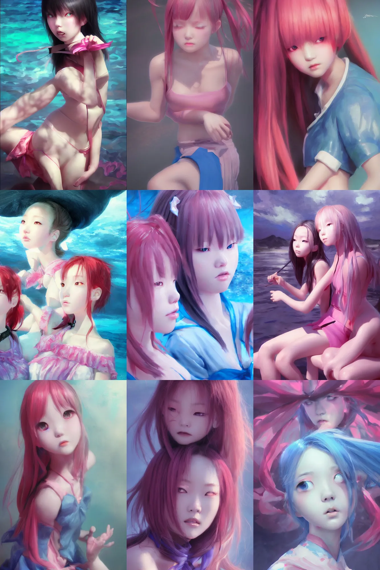 Image similar to 3d dark infrared octane render concept art by D. Jun, by Mo Xiang Tong Xiu, by Igarashi Daisuke, beauty portrait anime schoolgirls under dark pink and blue water. cute face. dramatic light, trending on artstation, oil painting.