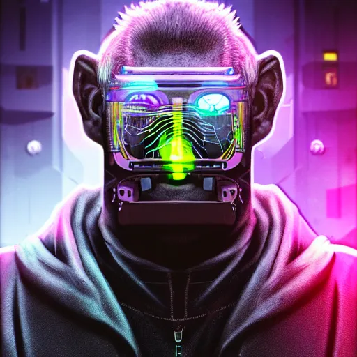 Image similar to a cyberpunk monkey, sci-fi, close-up, cybernetic implant, neon, cyberpunk, center frame portrait, 2D, matte-painting